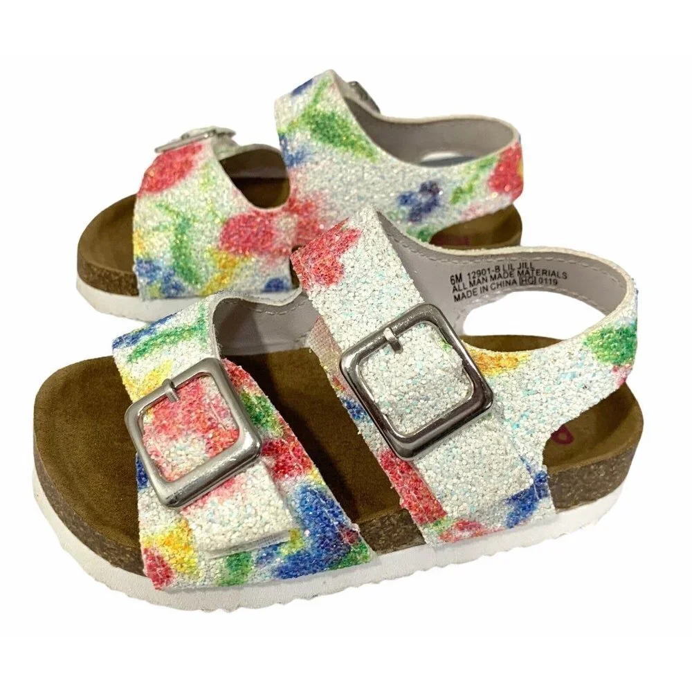 Rachel Shoes Lil Jill 6M Baby Footbed Sandals Floral Glitter Buckle Summer Baby‎